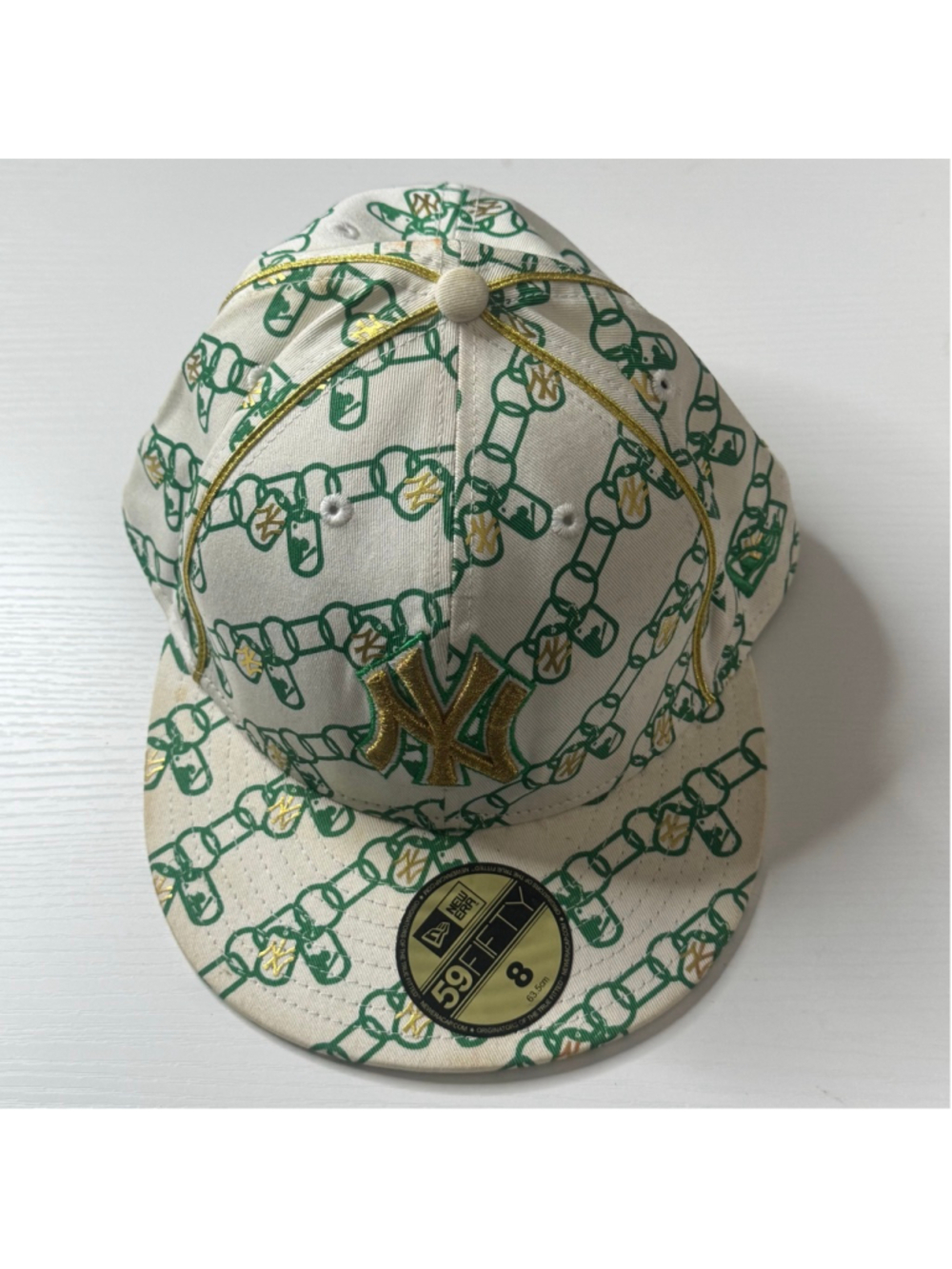 New Era 59FIFTY New York Yankees Chain Print Fitted Hat Size 8 Green Gold MLB - Picture 3 of 9